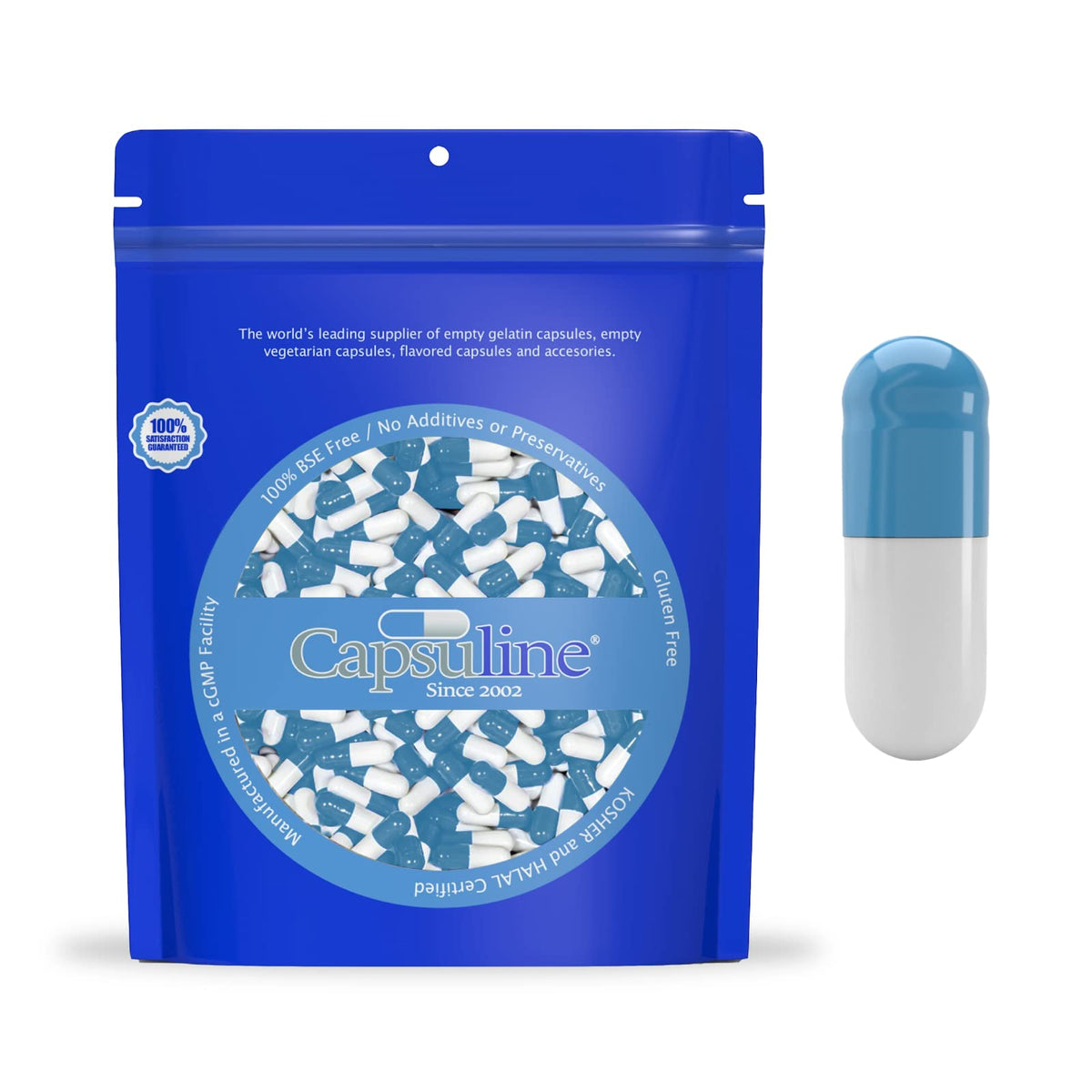 Capsuline Colored Size 000 Empty Gelatin Capsules Blue/White