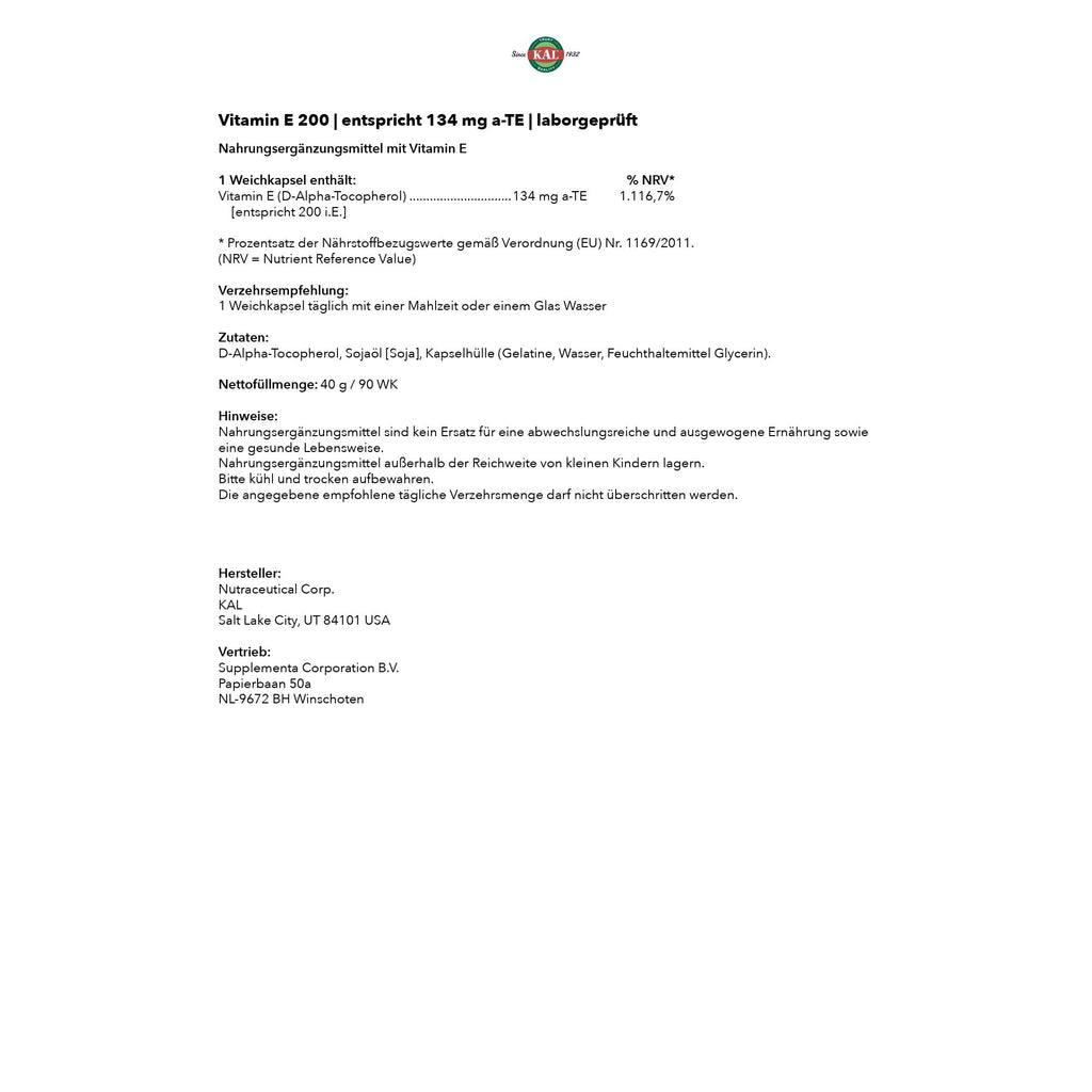 KAL E-200 D-Alpha Tocopherol 200 IU - 90 Softgels - image 6