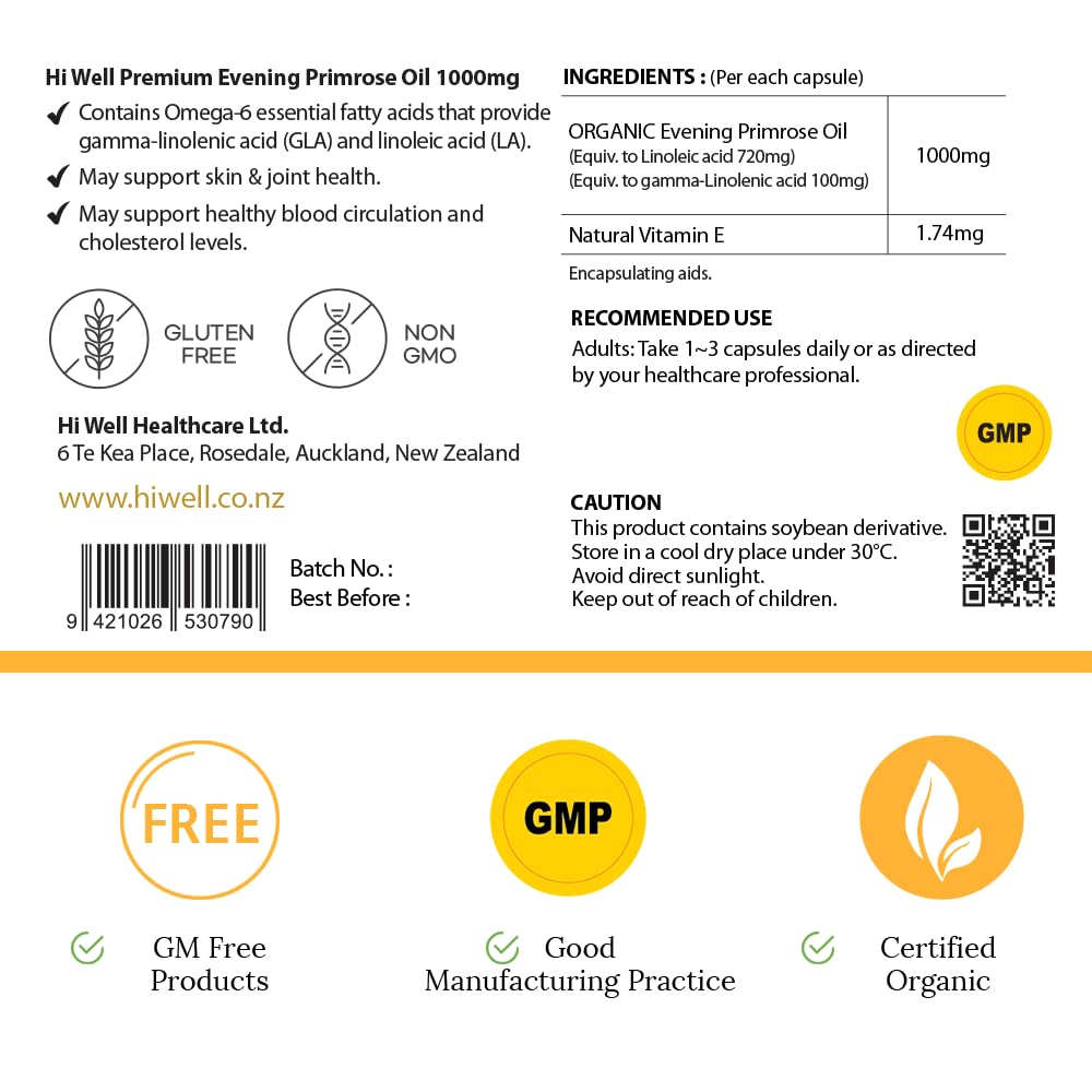 Hi Well Organic Evening Primrose Oil 1000mg - 200 Softgels (Pack of 3) - image 5