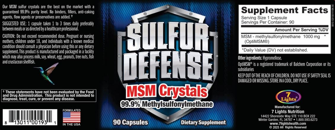 7 Lights Sulfur Defense Opti-MSM 99.9% Pure MSM Powder - 90 Capsules - image 2