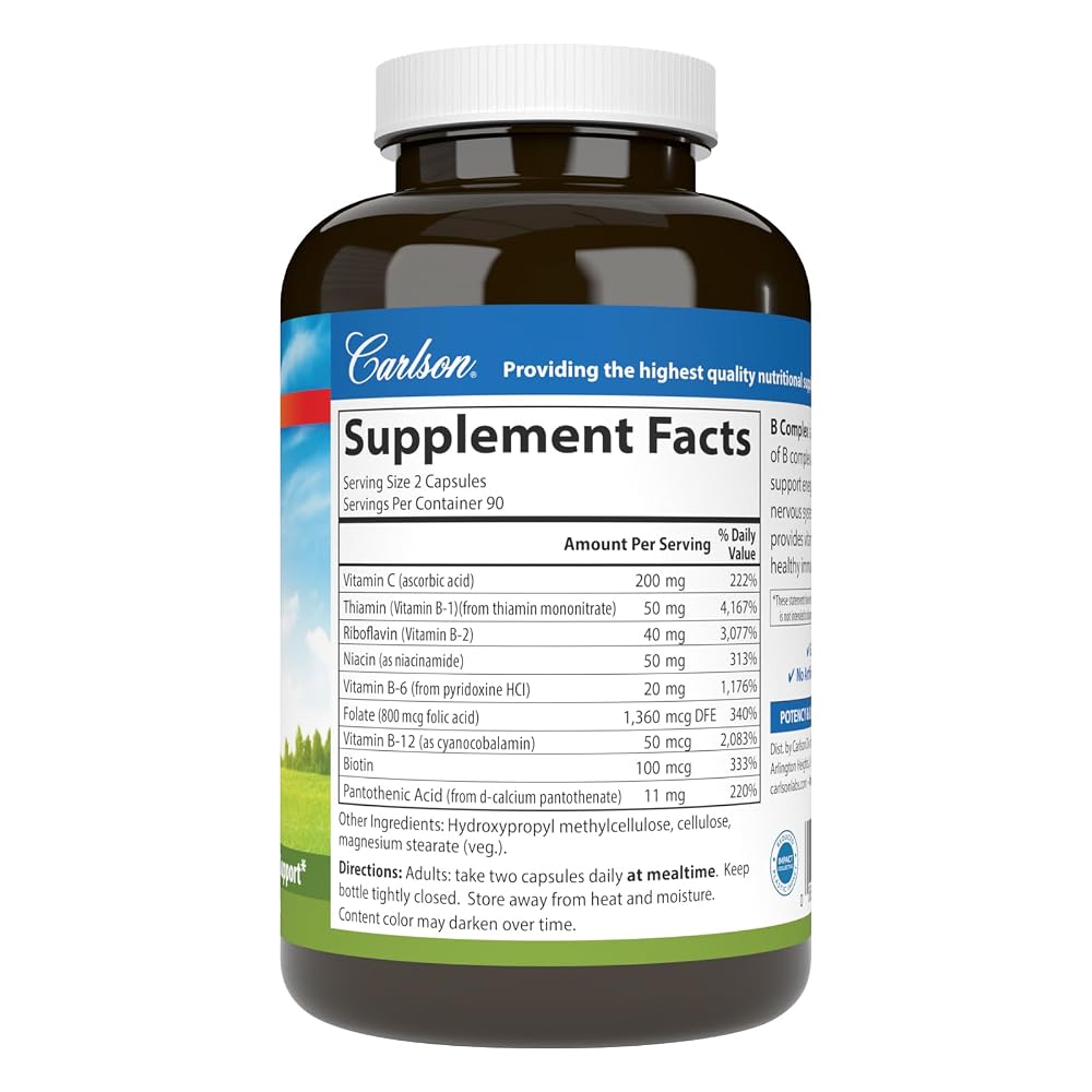 Carlson B Complex Balanced B Vitamins with Vitamin C - 180 Vegetarian Capsules - image 2