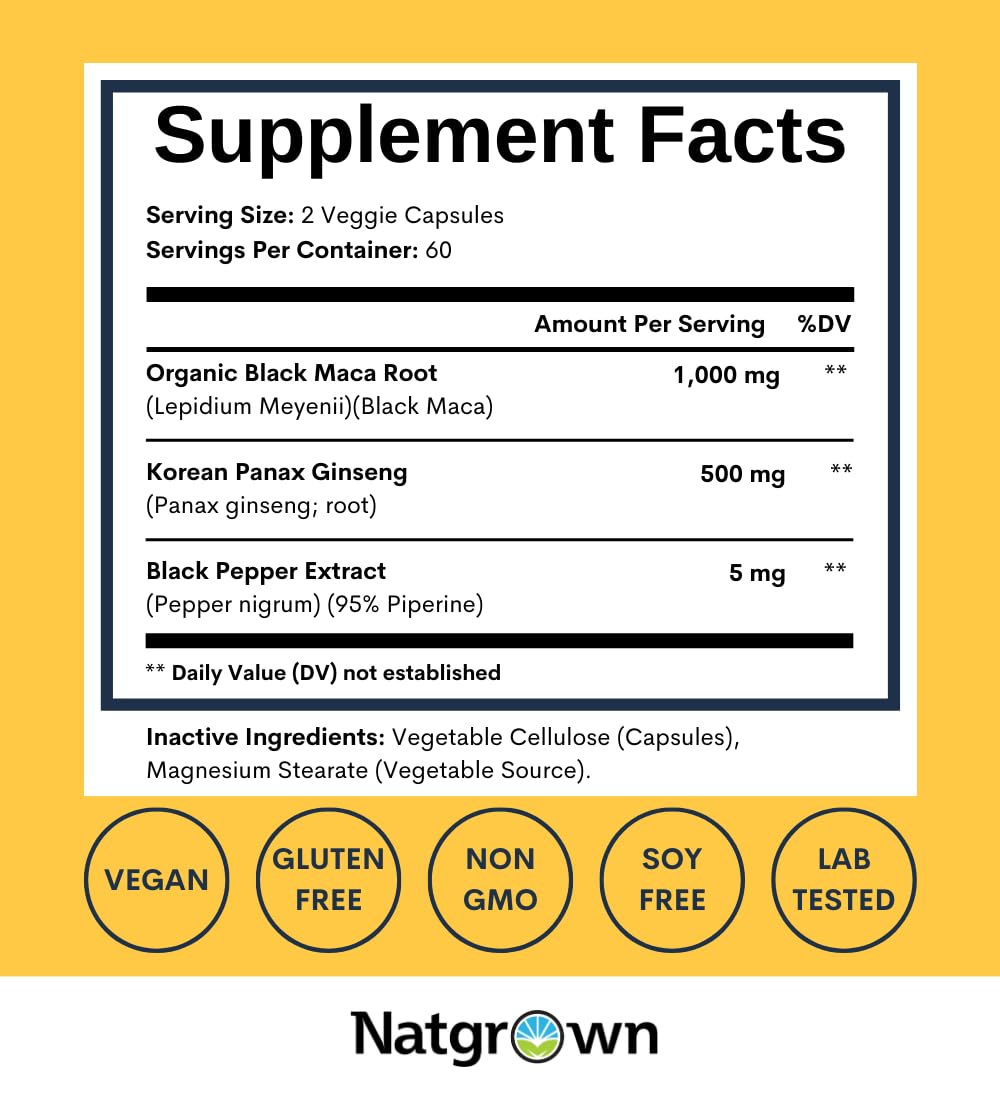 Natgrown Black Maca Root & Panax Ginseng Capsules - 120 Count - image 4