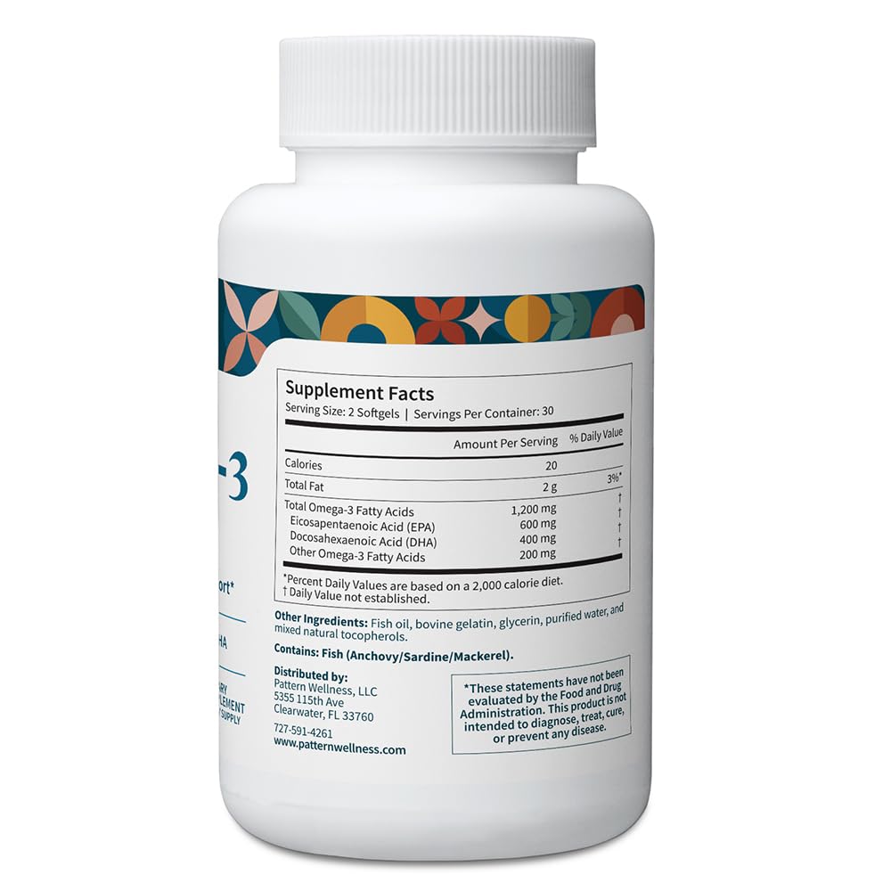 Pattern Wellness Omega 3 Softgels - Pure Fish Oil Formula - Helps