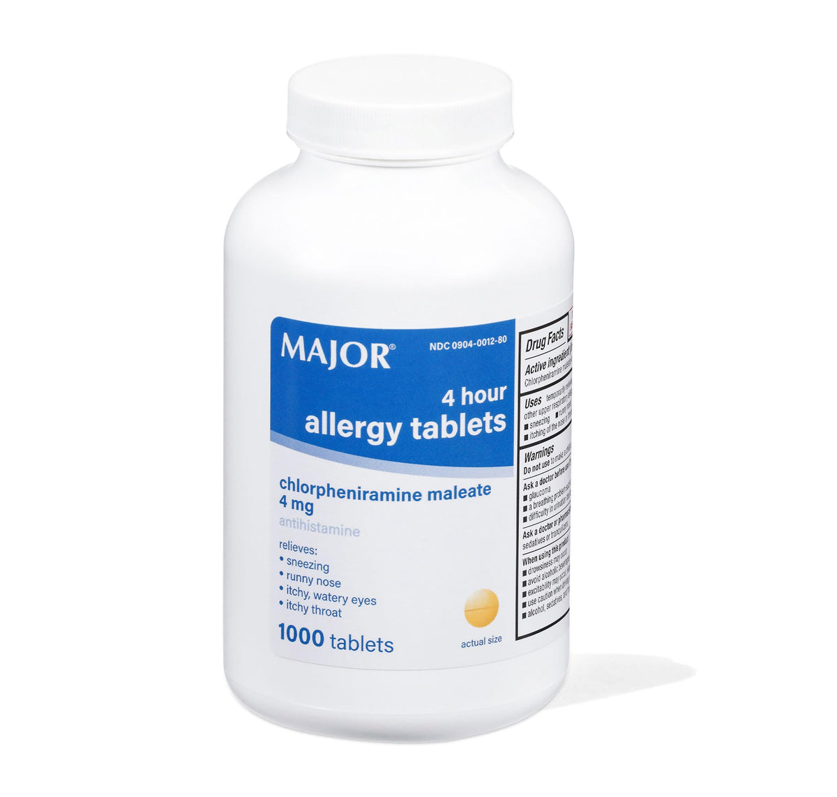 MAJOR 4 Hour Allergy Tablets Chlorpheniramine 4 mg - 1000 Count