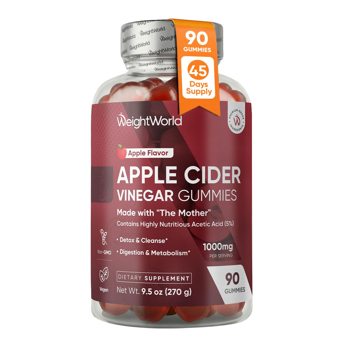 WeightWorld Apple Cider Vinegar Gummies with Mother 1000mg - 90 Count