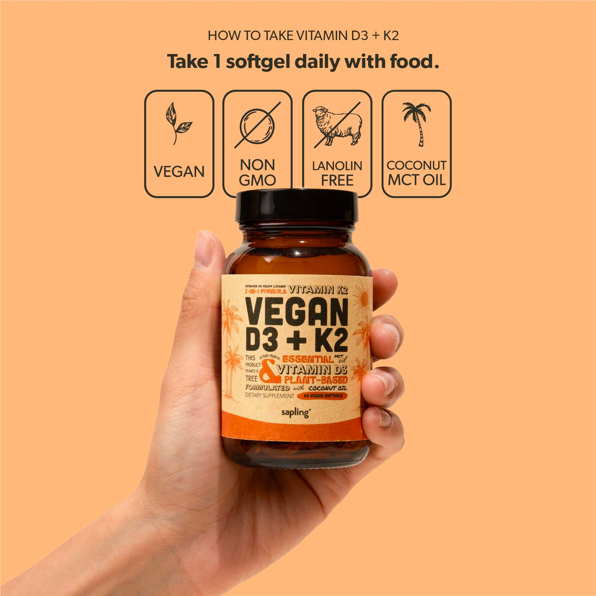 sapling Vegan Vitamin D3 + K2 Supplement - 60 Softgels - image 4