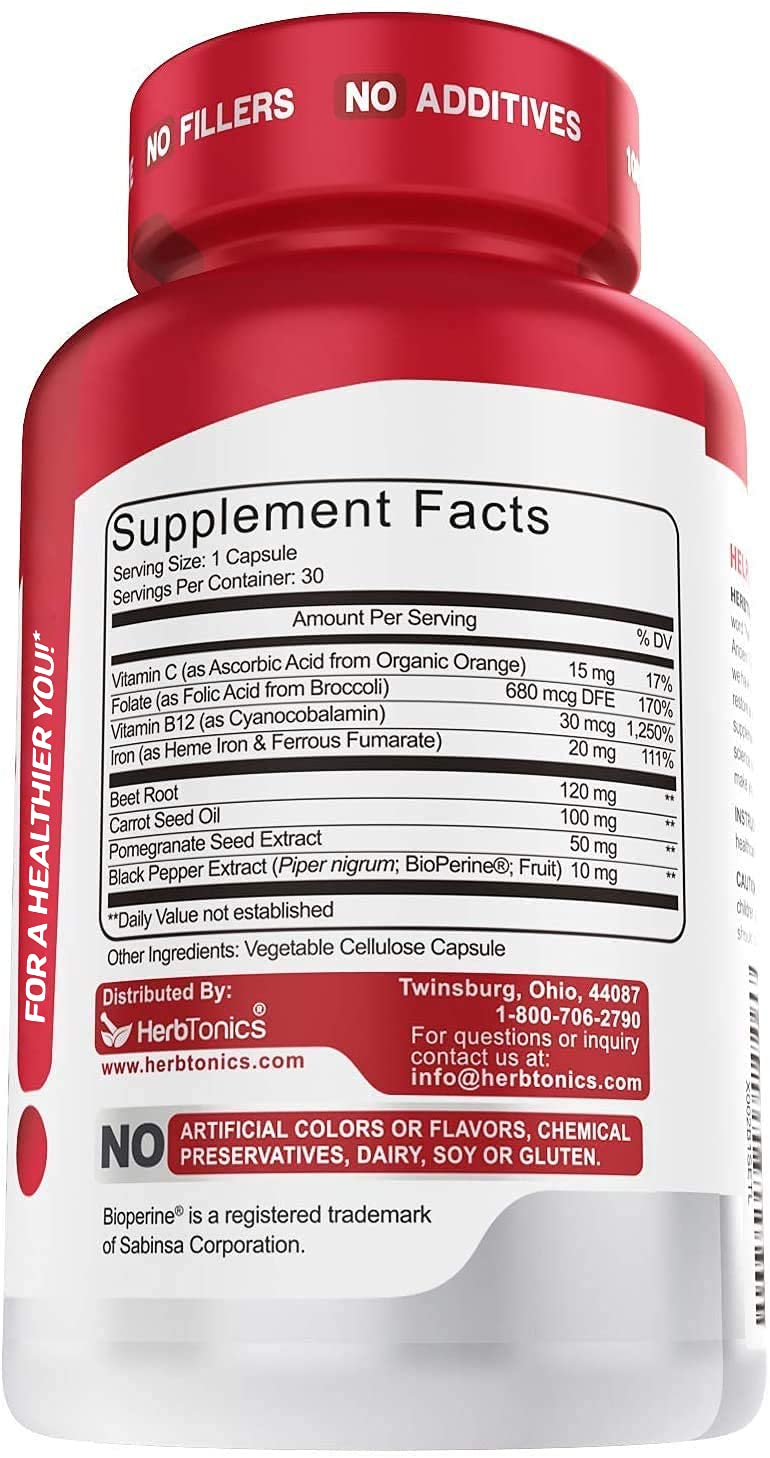 Herbtonics Iron Supplement for Women & Men, Blood Building Support - 30 Capsules - image 3