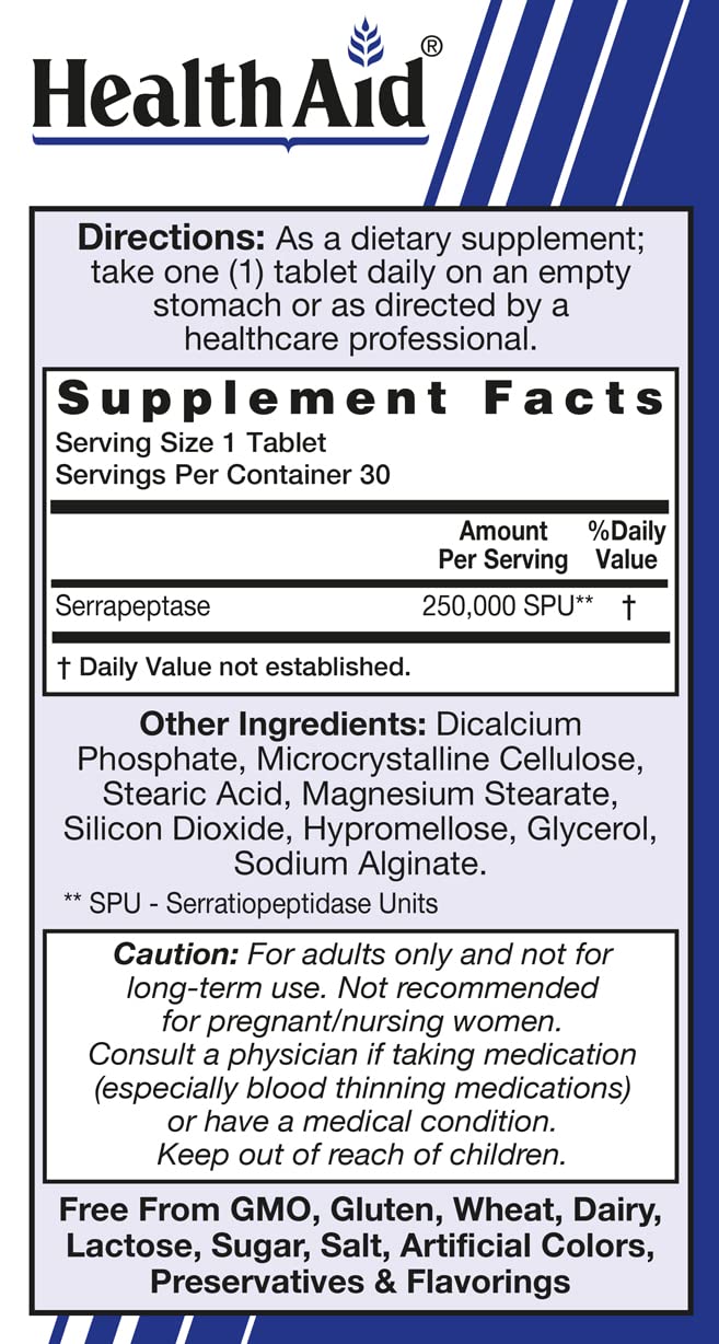 HealthAid Serrapeptase 250,000 SPU Proteolytic Enzyme - 30 Tablets - image 2