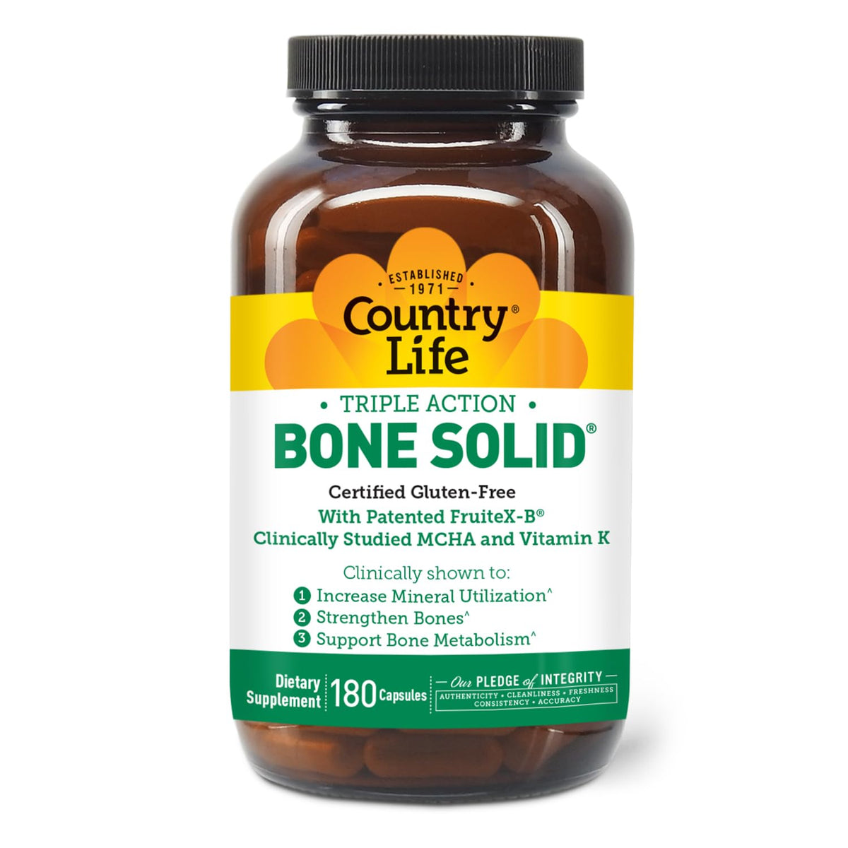 Country Life Triple Action Bone Solid Calcium MCHA K2 D3 - 180 Capsules - image 2