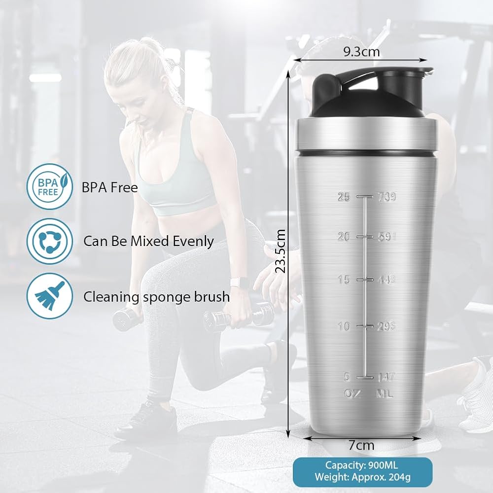 AOOWU Stainless Steel Shaker Bottle with Wire Whisk Ball 900ml
