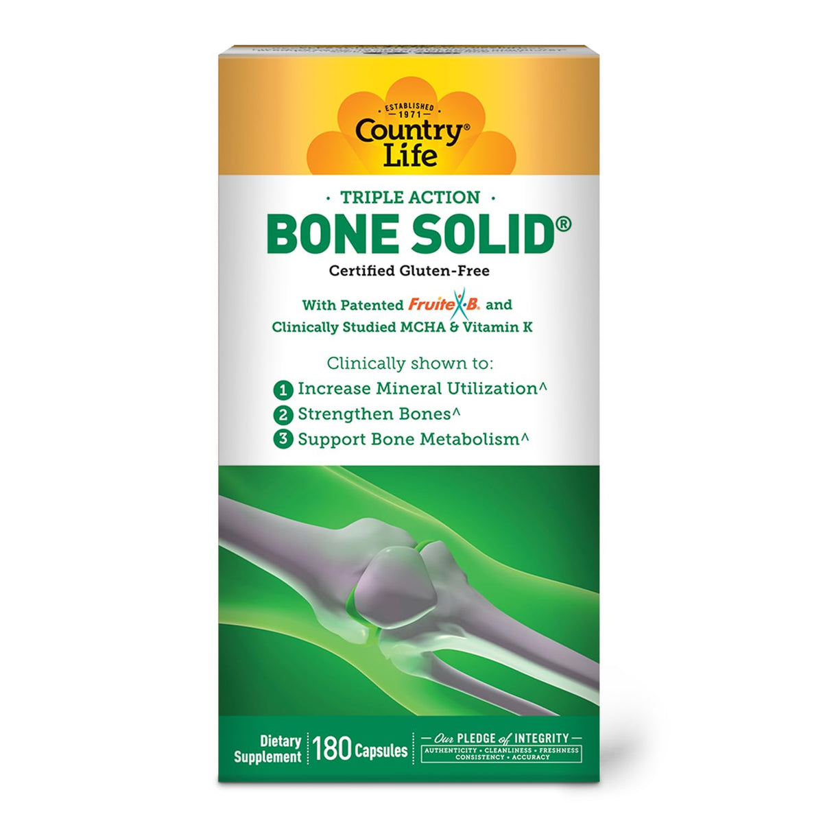 Country Life Triple Action Bone Solid Calcium MCHA K2 D3 - 180 Capsules