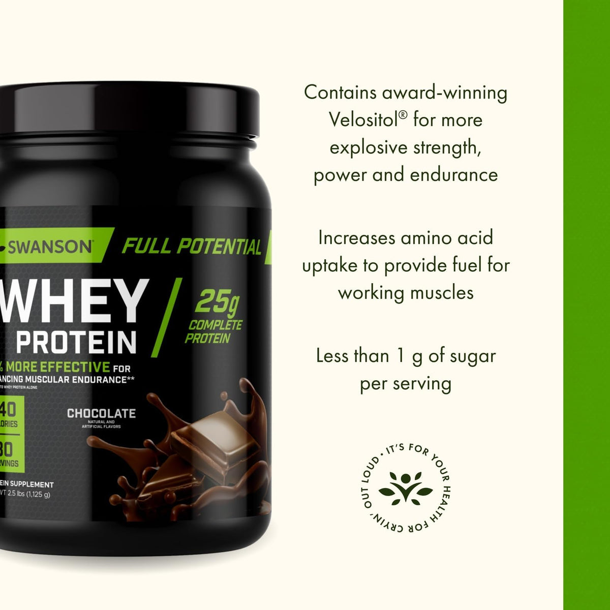 Swanson Full Potential Whey Protein with Velositol, Chocolate - 2.5 lb - image 4