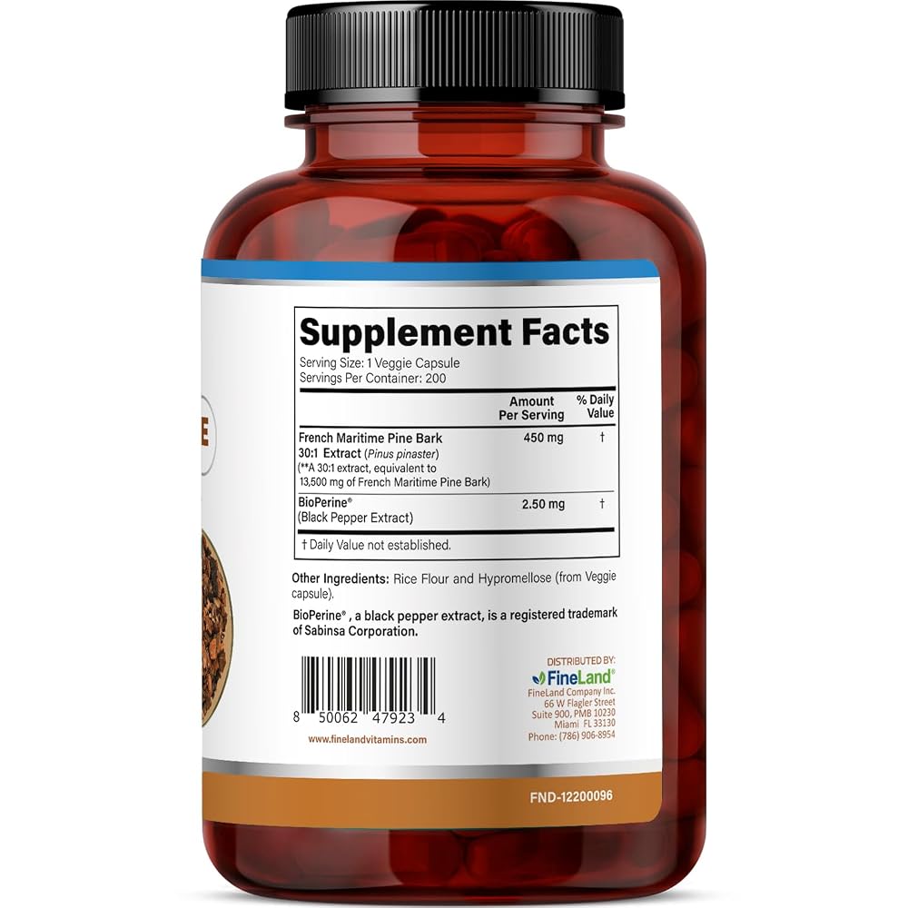 FineLand French Maritime Pine Bark Extract 450 mg - 200 Vegetarian Capsules - image 2