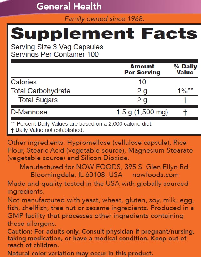NOW Foods D-Mannose 500 mg Urinary Tract Support - 300 Vegetarian Capsules - image 2