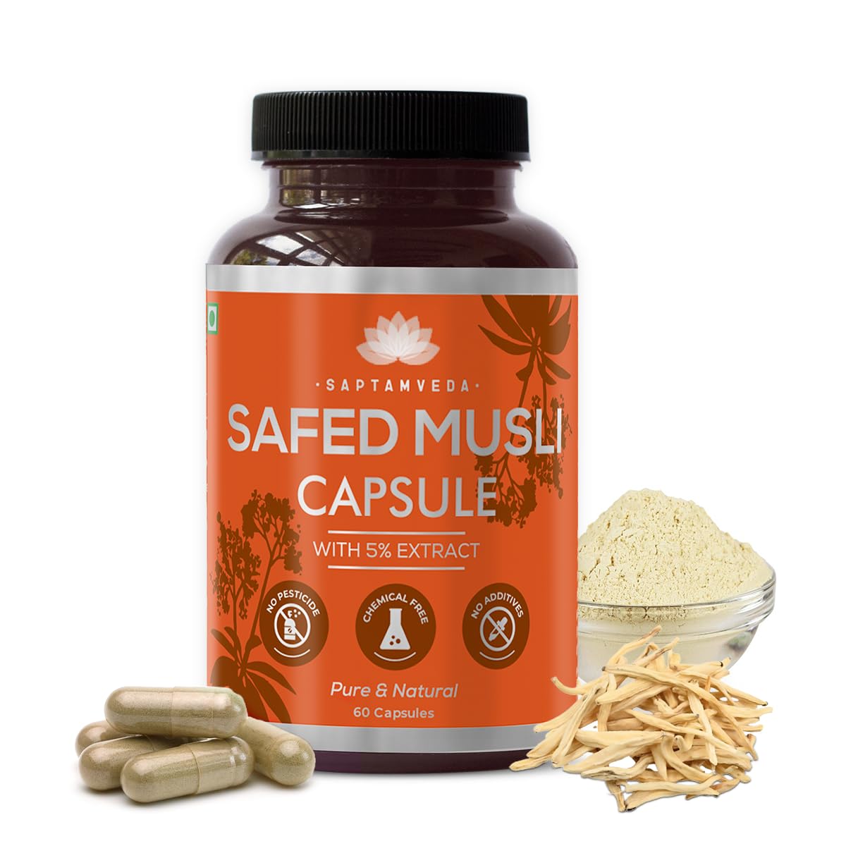 SAPTAMVEDA Natural Safed Musli 500mg - 60 Vegetarian Capsules