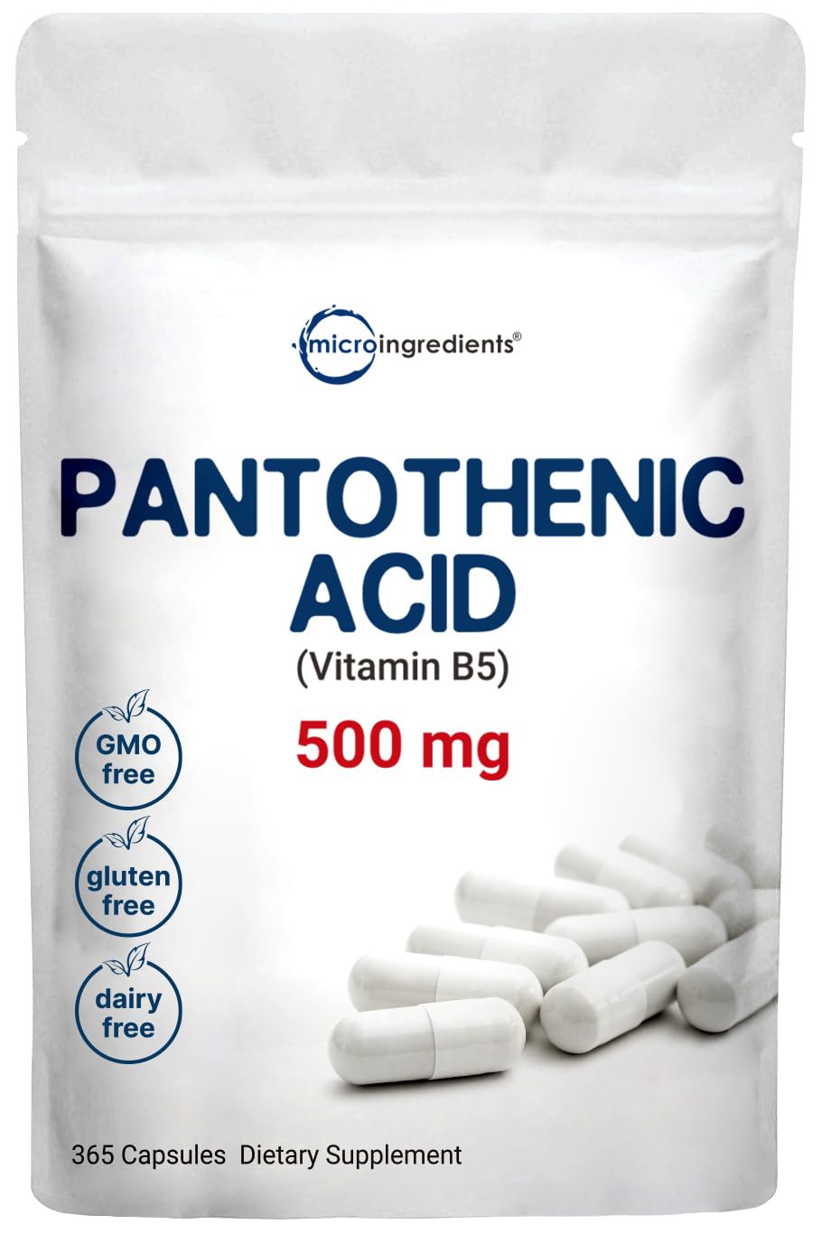 Micro Ingredients Pantothenic Acid 500mg Vitamin B5 - 365 Capsules