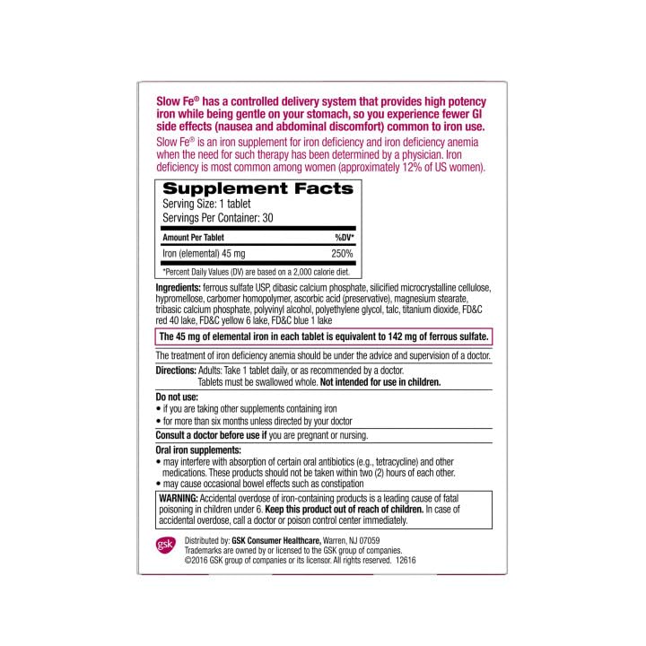 Slow Fe 45mg Iron Supplement for Iron Deficiency - 30 Tablets - image 7