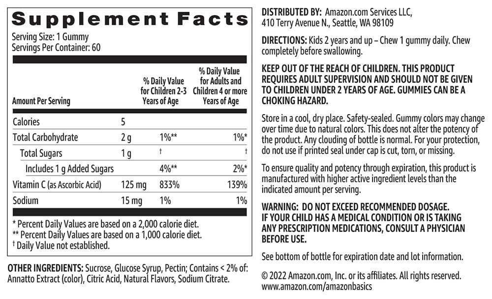 Amazon Basics Kids' Vitamin C 125mg Gummies, Orange Flavor - 60 Count - image 5