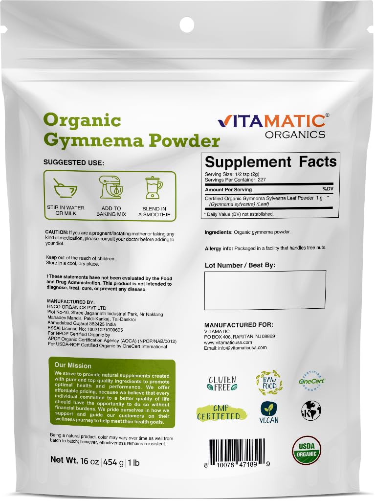 Vitamatic Certified USDA Organic Gymnema Leaf Powder - 16 Ounces - image 2