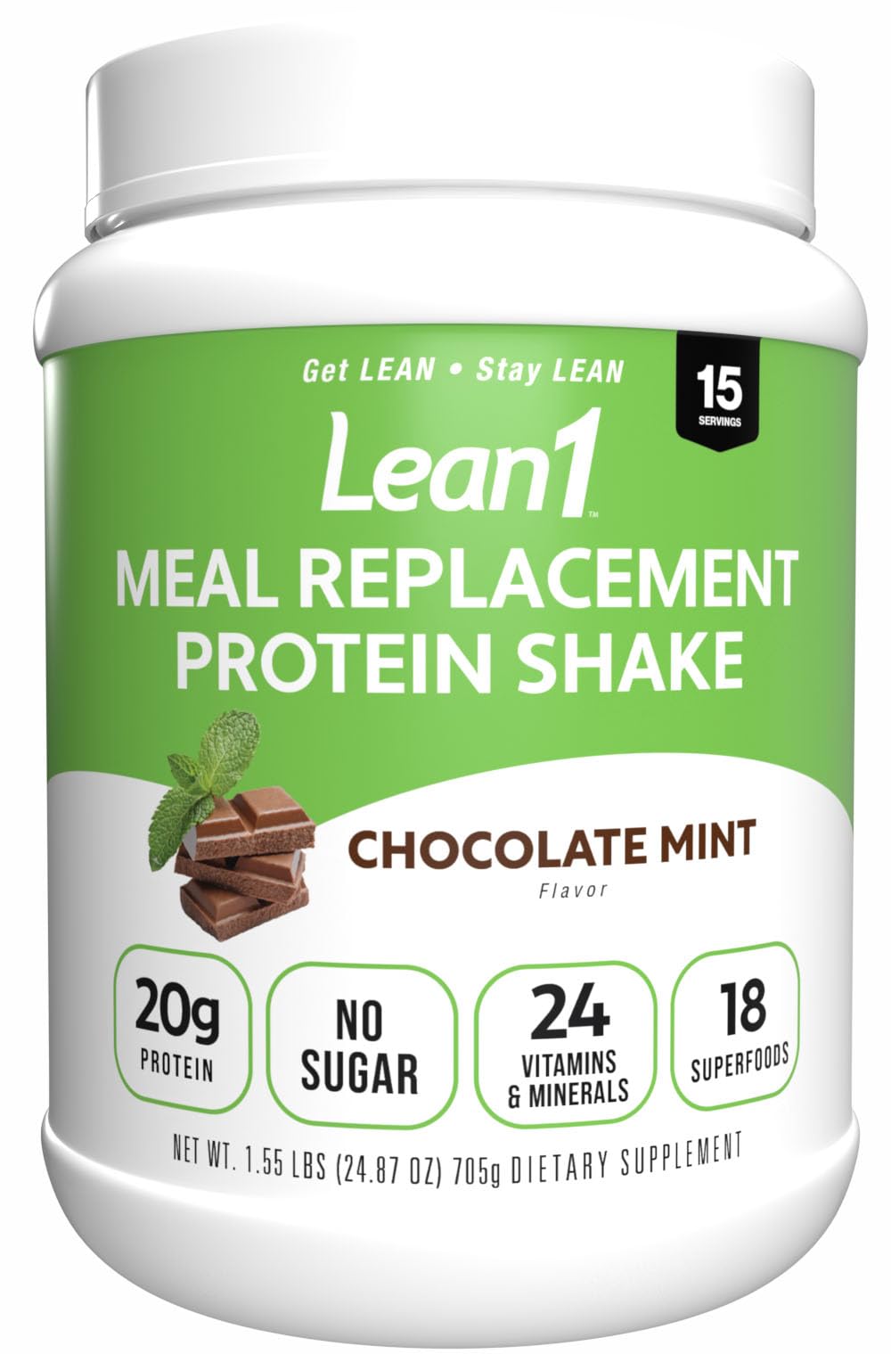 LEAN1 Chocolate Mint Meal Replacement Protein Powder - 15 Servings