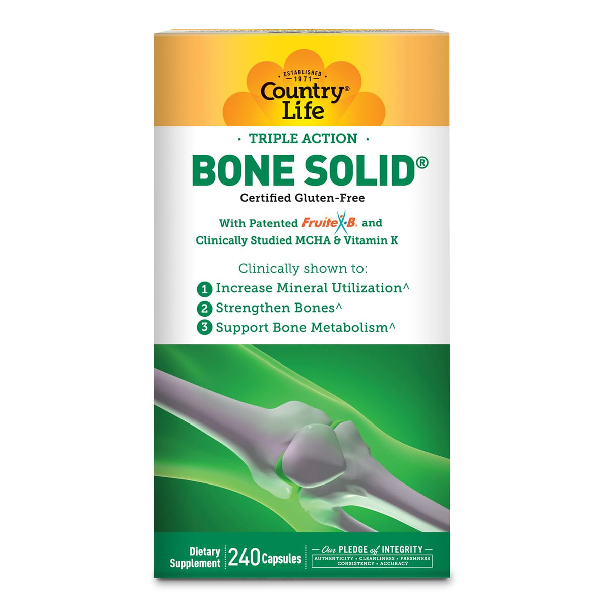 Country Life Triple Action Bone Solid Calcium MCHA K2 D3 - 240 Capsules