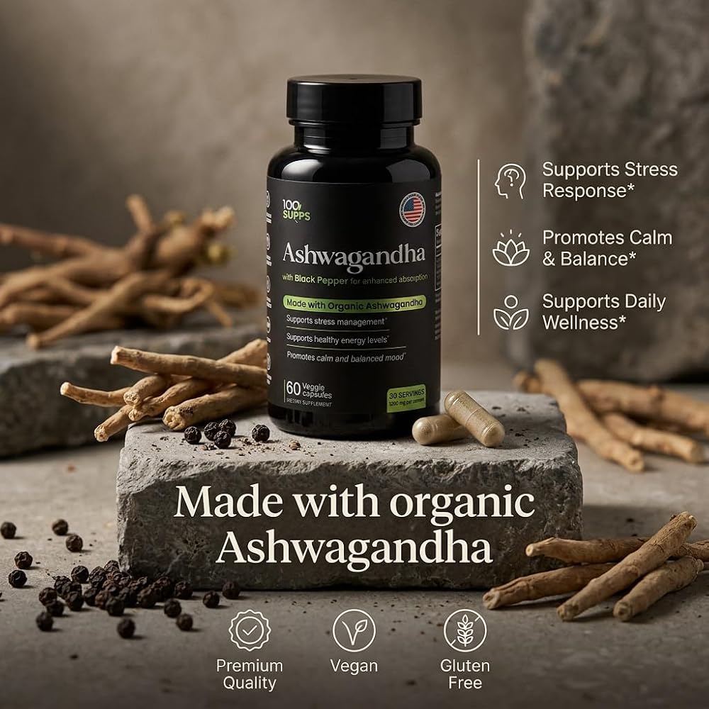 100 Supps Organic Ashwagandha 1200mg Stress & Relaxation Support - 60 Capsules - image 2