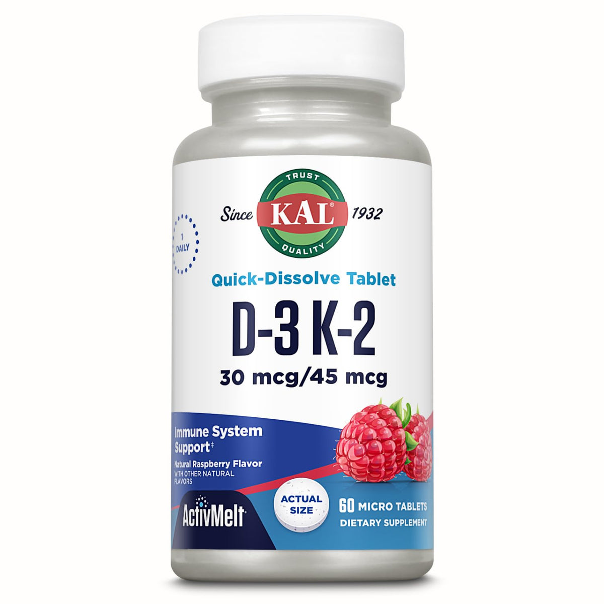 KAL D-3 K-2 Vitamin D3 K2 Supplement - 60 Tablets