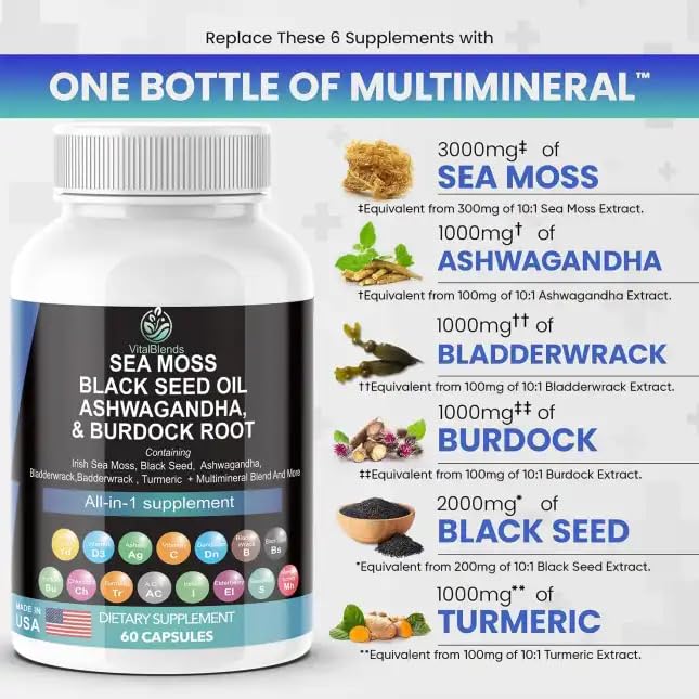 VitalBlends Sea Moss 3000mg Black Seed Oil Ashwagandha Capsules - 60 Count - image 2