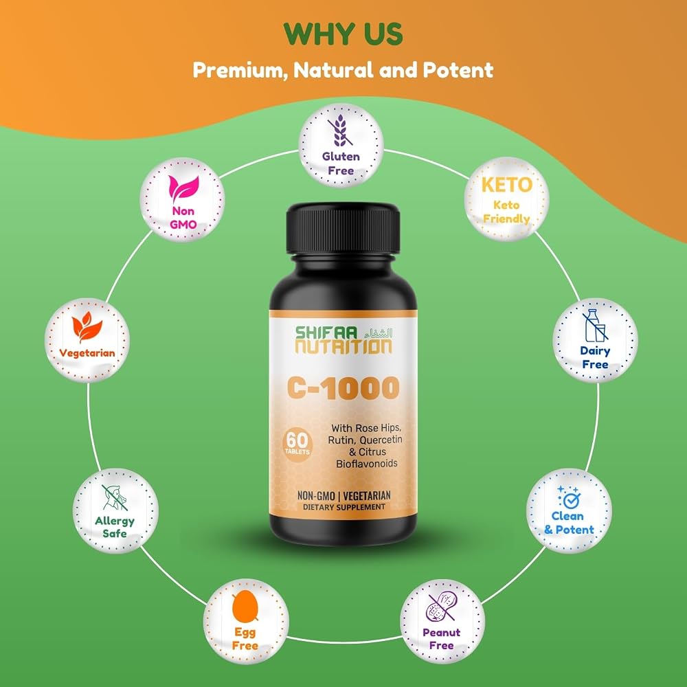 SHIFAA NUTRITION Halal Vitamin C-500 Tablets 60 Servings. Vegetarian