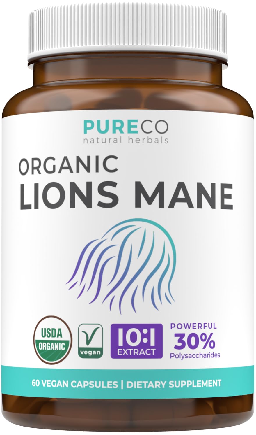 PURE CO Organic Lion's Mane Supplement - 1000mg 10:1 Extract - 60 Capsules