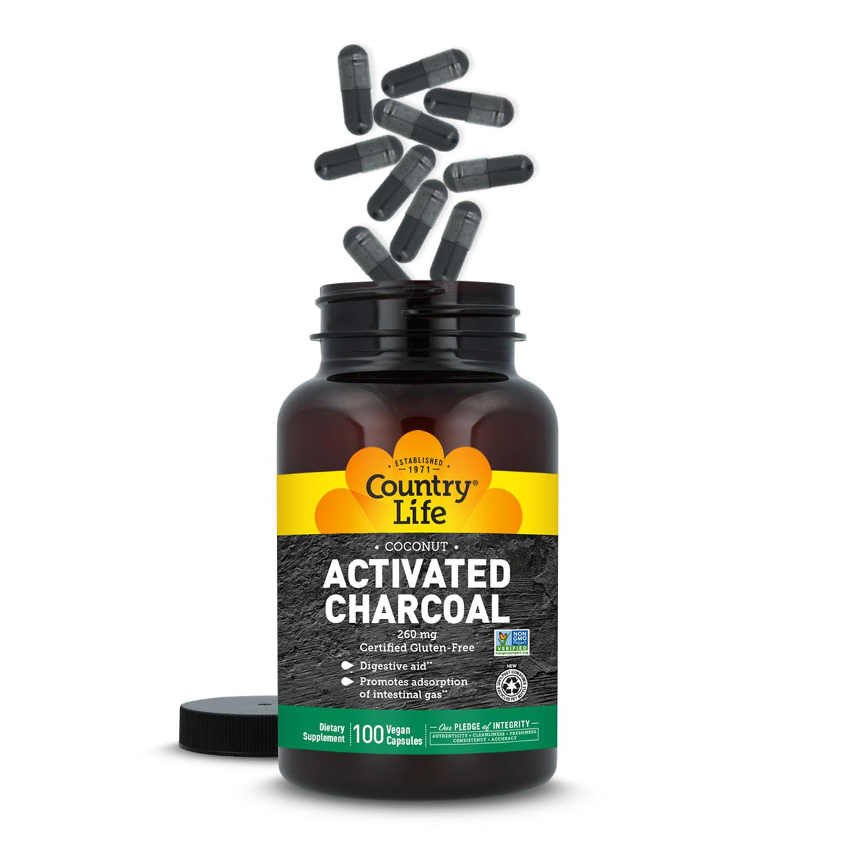 Country Life Coconut Activated Charcoal 260 mg - 100 Vegan Capsules - image 3