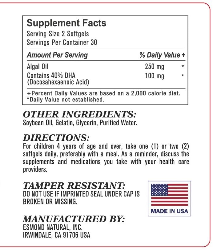 Esmond Natural DHA Algal Oil Omega-3 Brain Support - 60 Softgels - image 4