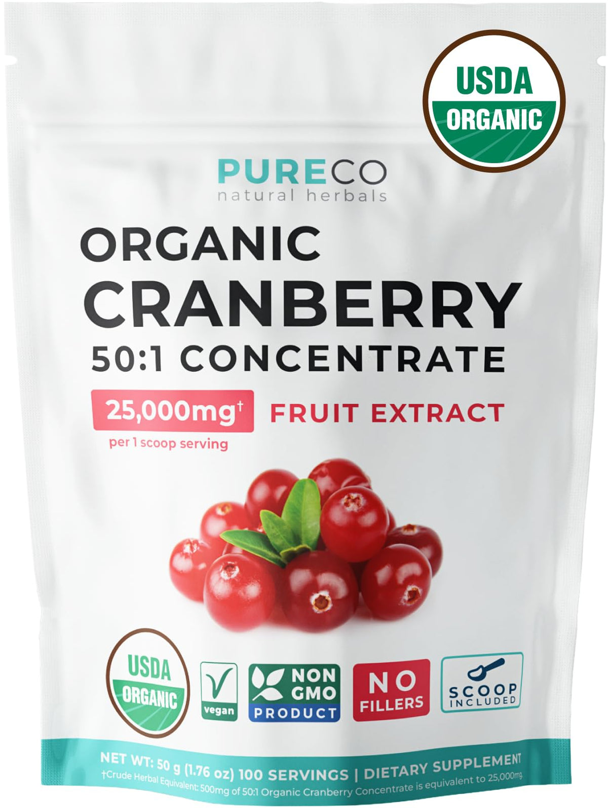 PURE CO Organic Cranberry Powder 50:1 Concentrate - 100 Servings