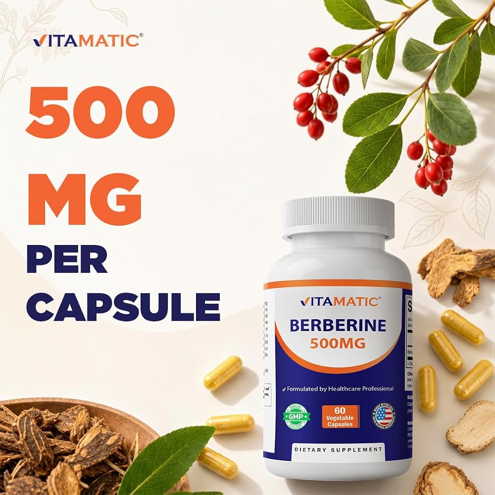 Vitamatic Berberine Supplement 500mg - 60 Vegetable Capsules - Made