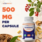 Vitamatic Berberine Supplement 500mg - 60 Vegetable Capsules - Made