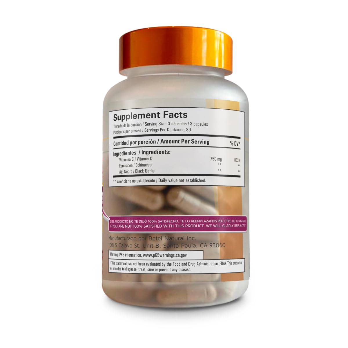 Betel Natural Vitamin C 900 mg Plus Echinacea & Black Garlic - 90 Capsules - image 2