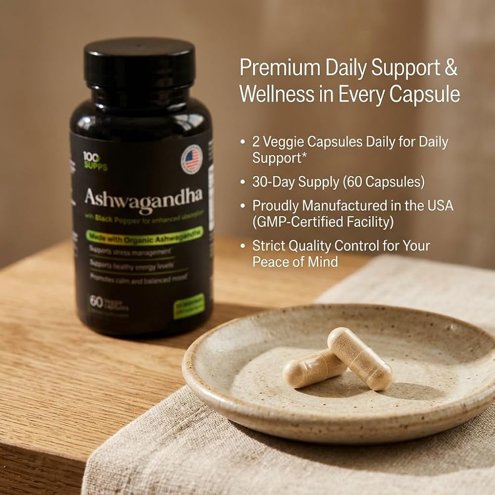 100 Supps Organic Ashwagandha 1200mg Stress & Relaxation Support - 60 Capsules - image 5