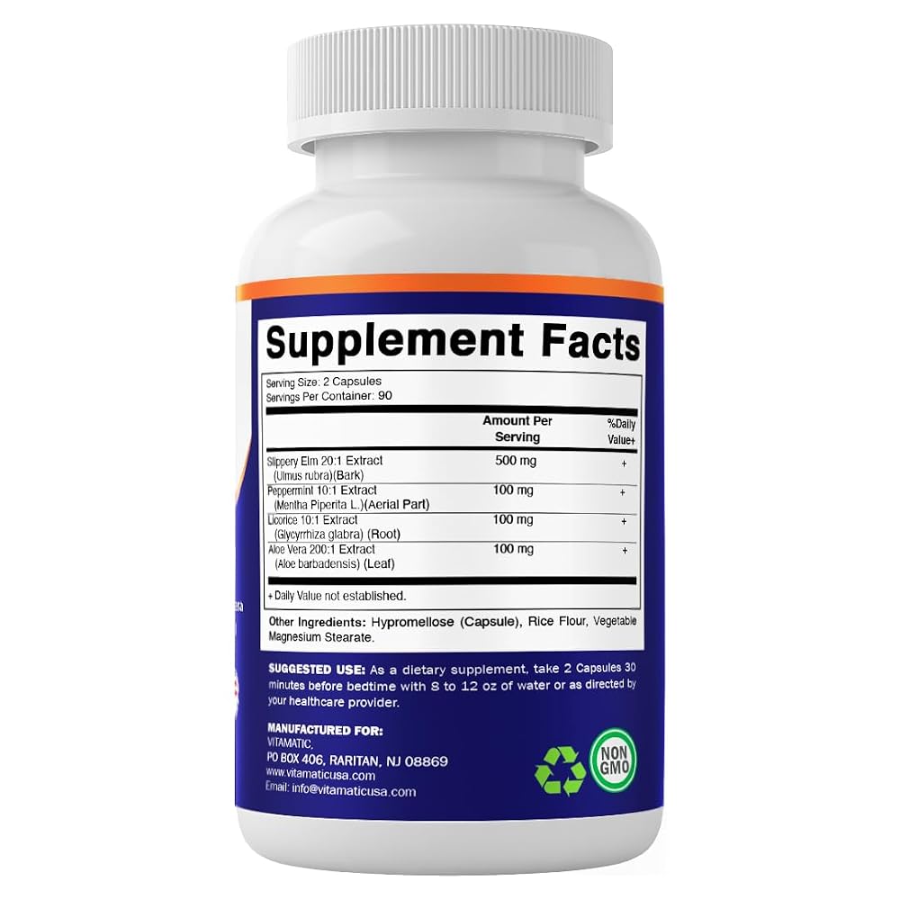 Vitamatic Slippery Elm Bark Capsules with Peppermint & DGL - 180 Count - image 9