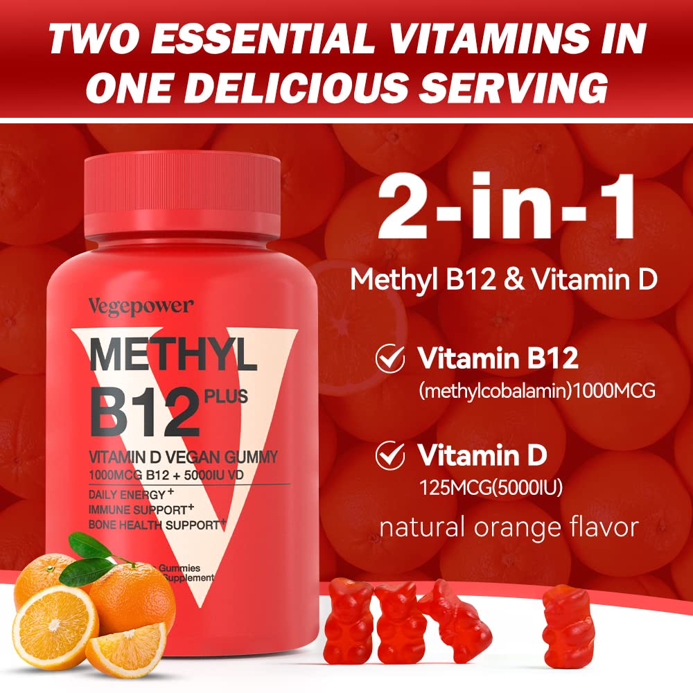 VEGEPOWER Vitamin B12 D3 Vegan Gummies I 1000 MCG Methyl B12 & 5000
