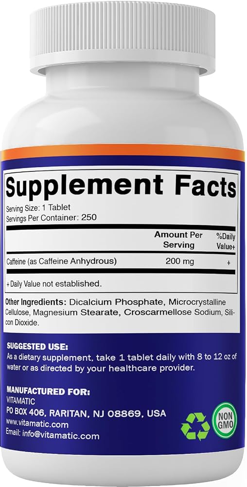 Vitamatic Caffeine Pills 200mg per Serving, 250 Vegetarian Tablets