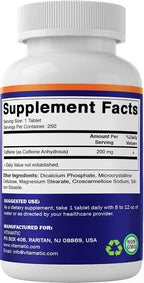 Vitamatic Caffeine Pills 200mg per Serving, 250 Vegetarian Tablets