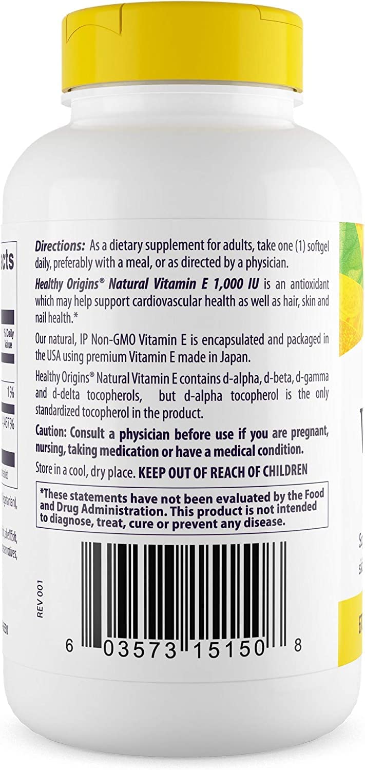 Healthy Origins Vitamin E 1,000 IU Natural Mixed Tocopherols - 120 Softgels - image 3
