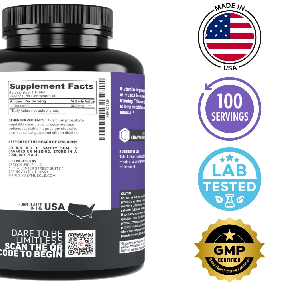 Crazy Muscle L-Glutamine 1000mg Tablets - 100 Count - image 5