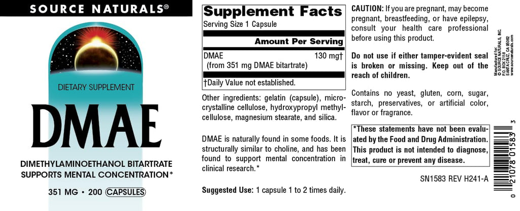 Source Naturals DMAE 351 mg Mental Concentration - 200 Capsules - image 4