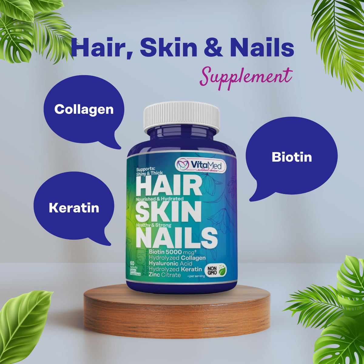VitaMed Hair Skin and Nails Vitamins with Biotin 5000mcg - 60 Tablets - image 2