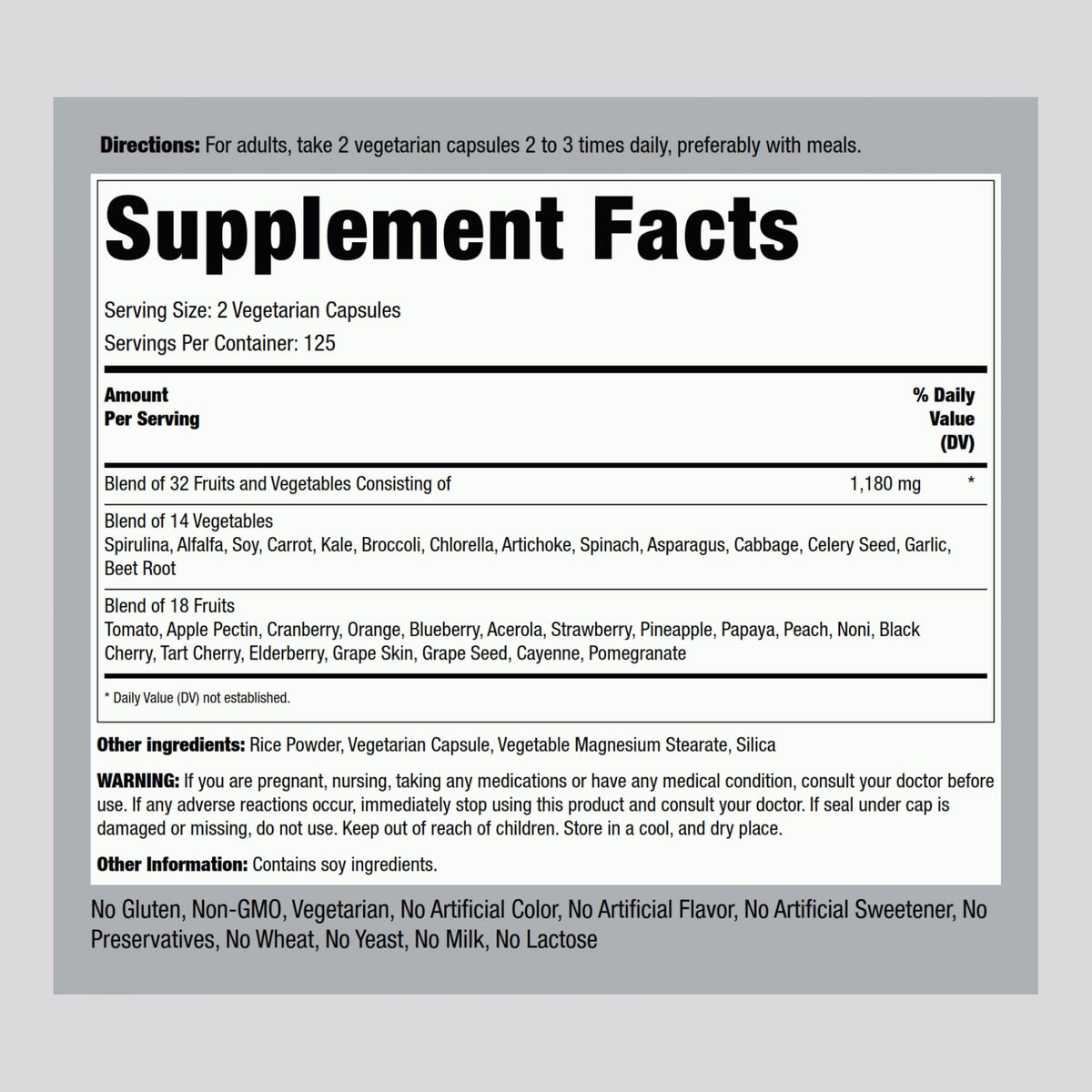 Piping Rock Fruits and Veggies Supplement - 250 Capsules - image 2