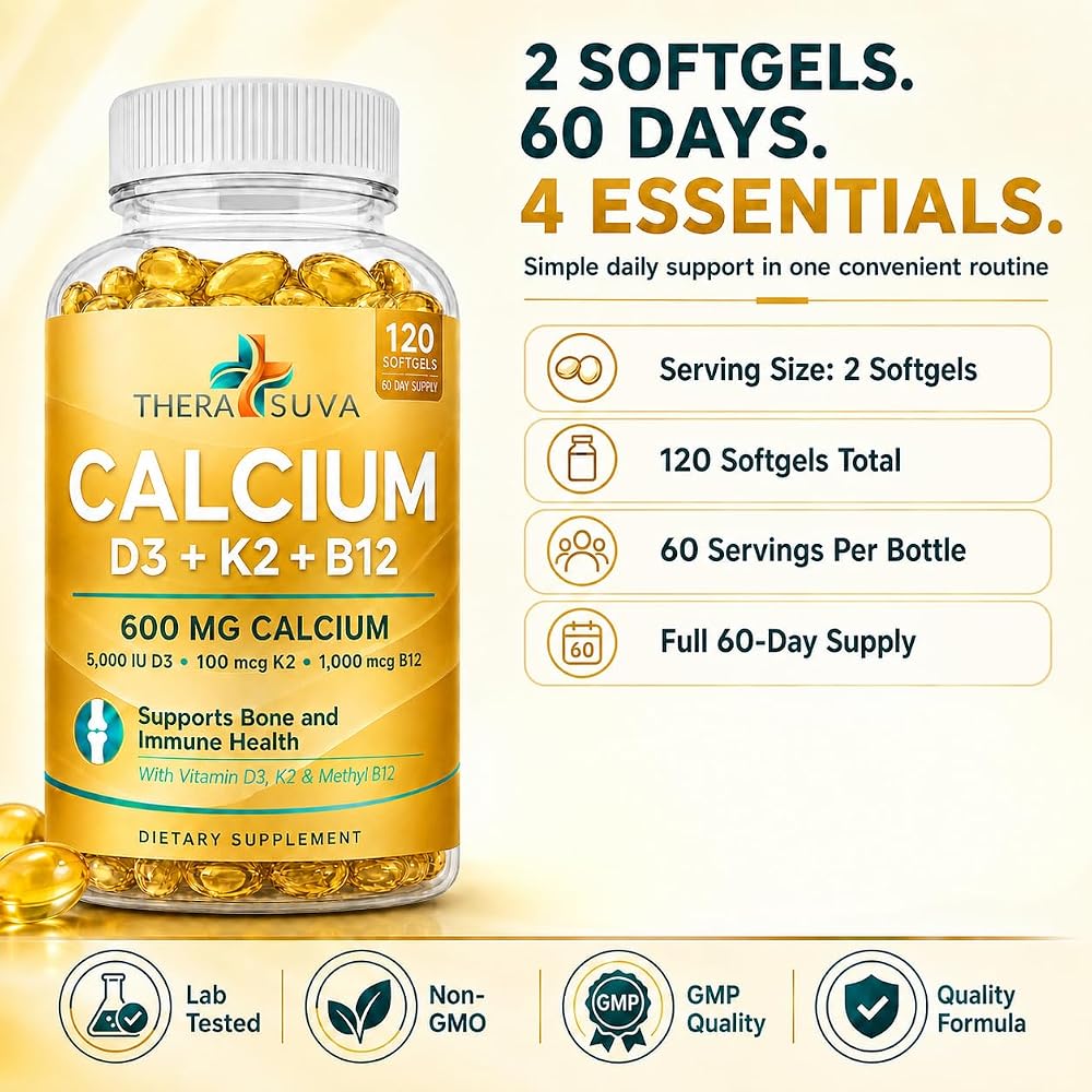 TheraSuva Extra Strength Calcium 600mg + D3 + K2 + B12 - 120 Softgels - image 5