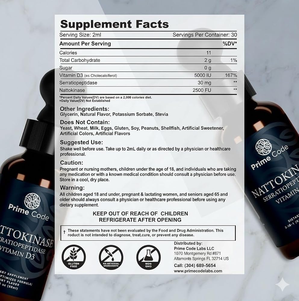 Prime Code Nattokinase & Serratiopeptidase Liquid Drops - 2 Fl Oz - image 2