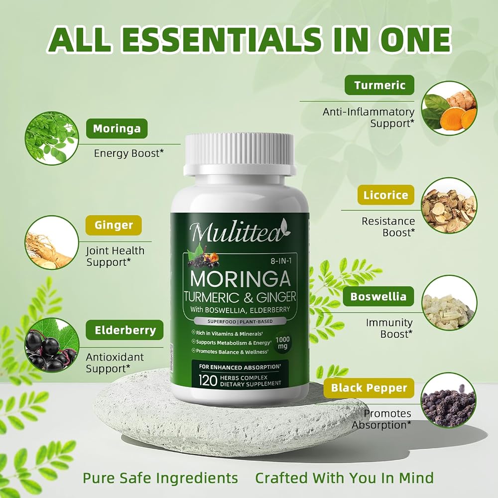 Mulittea Moringa Capsules 1000mg with Ashwagandha & Turmeric - 120 Capsules - image 2