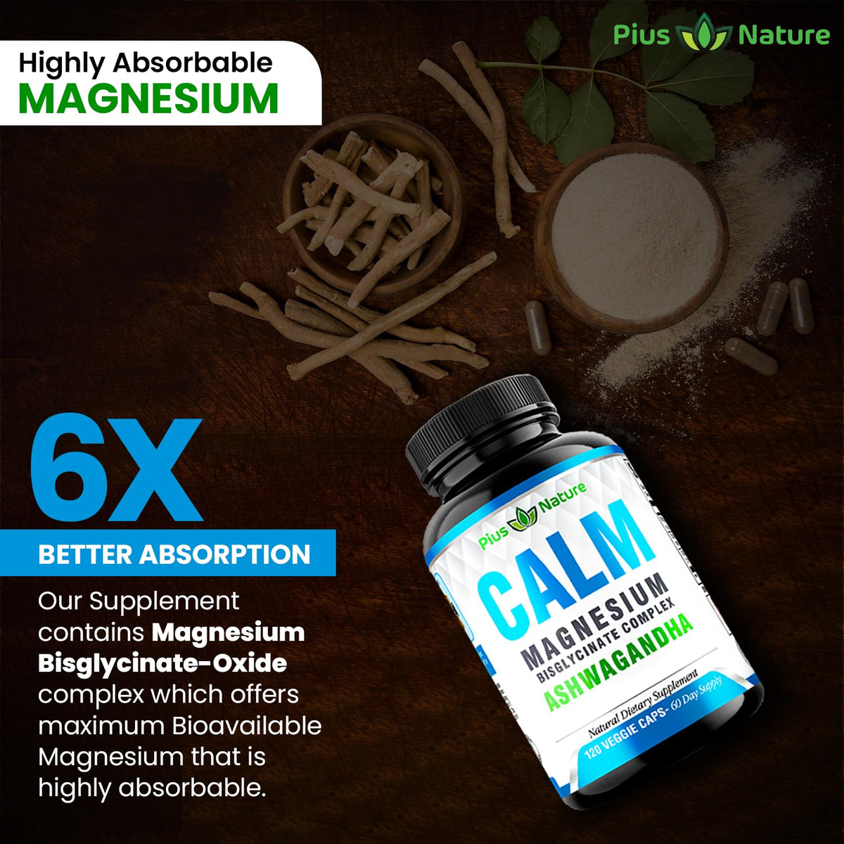 PIUS NATURE Calm Magnesium Glycinate with Ashwagandha - 120 Capsules - image 5